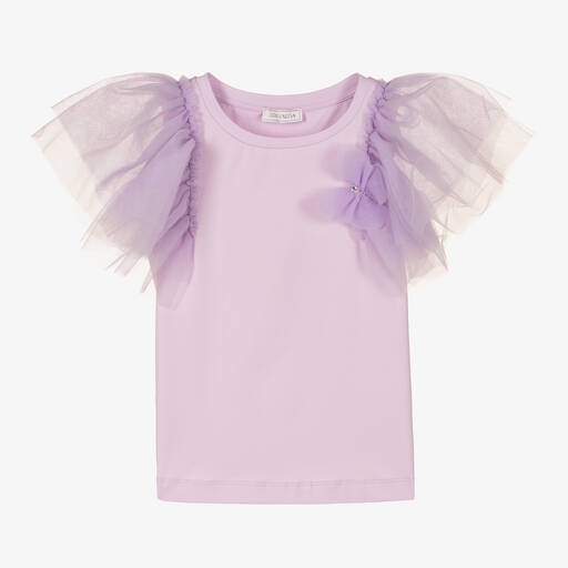 Monnalisa-Фиолетовый хлопковый топ с рукавами из тюля | Childrensalon Outlet
