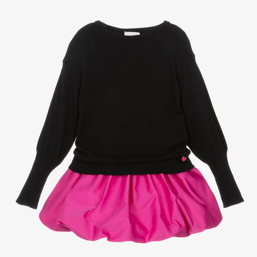 Monnalisa-Teen Taftkleid-Set in Pink/Schwarz  | Childrensalon Outlet