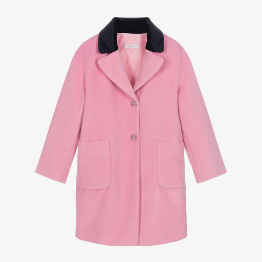Monnalisa Chic-Teen Girls Pink & Black Velvet Collar Coat | Childrensalon Outlet