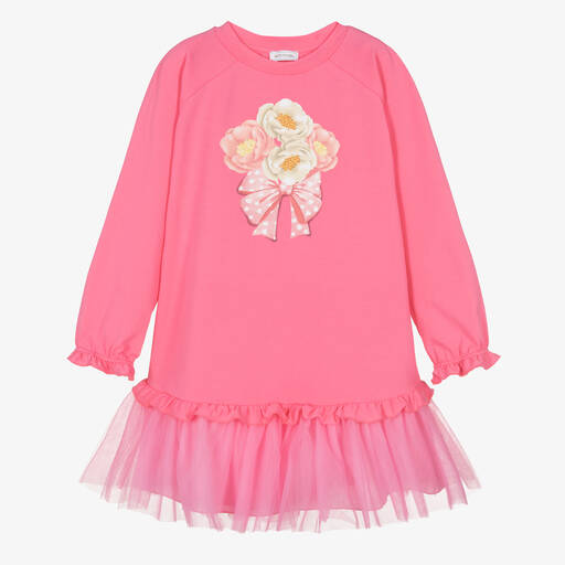 Monnalisa-Teen Girls Pink Cotton Flowers Dress | Childrensalon Outlet