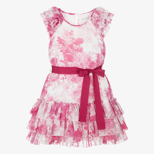 Monnalisa Chic-Teen Girls Pink Floral Chiffon Dress  | Childrensalon Outlet