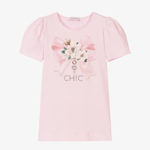 Monnalisa-Teen Girls Pink Floral Diamanté T-Shirt | Childrensalon Outlet