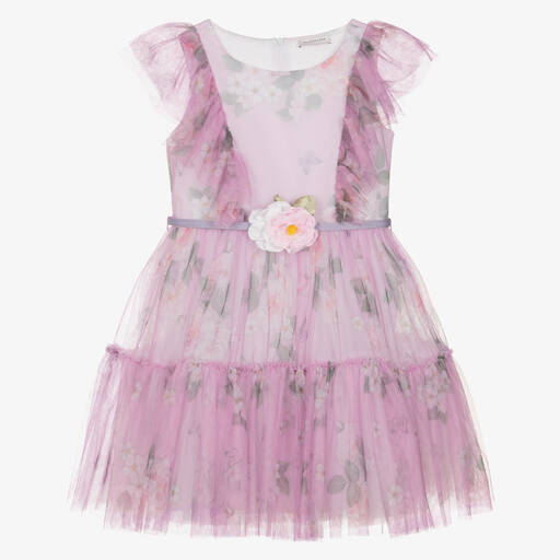 Monnalisa-Teen Girls Pink Floral Tulle Dress | Childrensalon Outlet