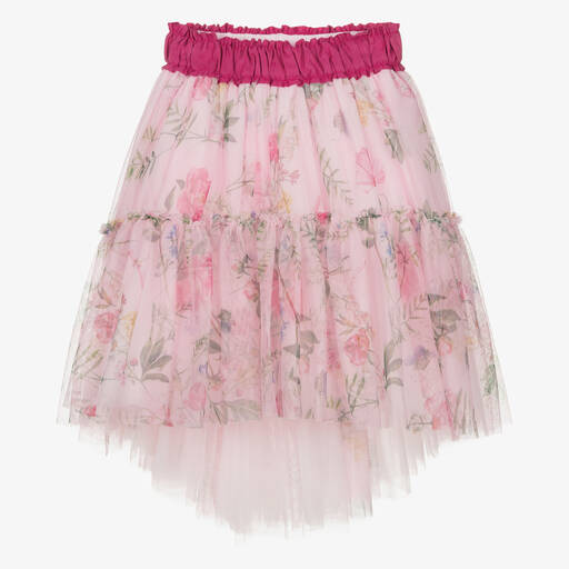 Monnalisa-Teen Girls Pink Floral Tulle Skirt | Childrensalon Outlet