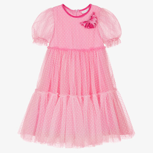 Monnalisa Chic-Teen Girls Pink Polka Dot Tulle Dress | Childrensalon Outlet