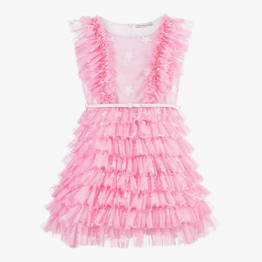 Monnalisa-Teen Girls Pink Tulle Ruffle Dress | Childrensalon Outlet