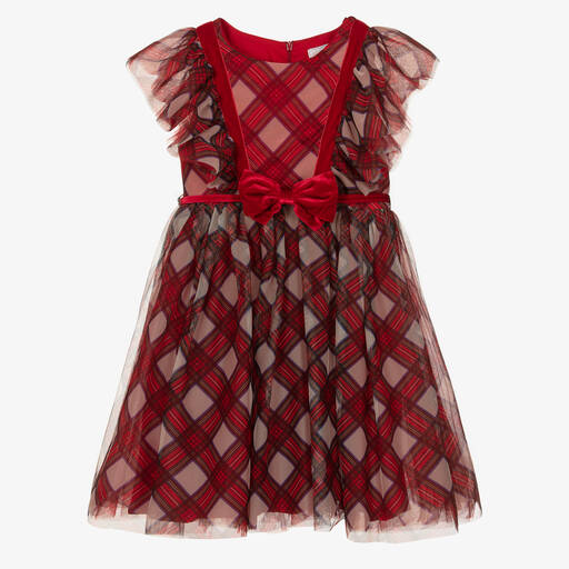 Monnalisa-فستان تينز بناتي تول كاروهات لون أحمر | Childrensalon Outlet
