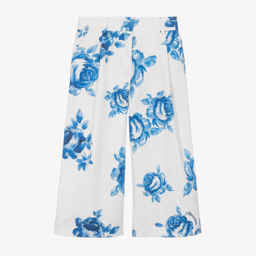 Monnalisa-Teen Girls White & Blue Floral Trousers | Childrensalon Outlet