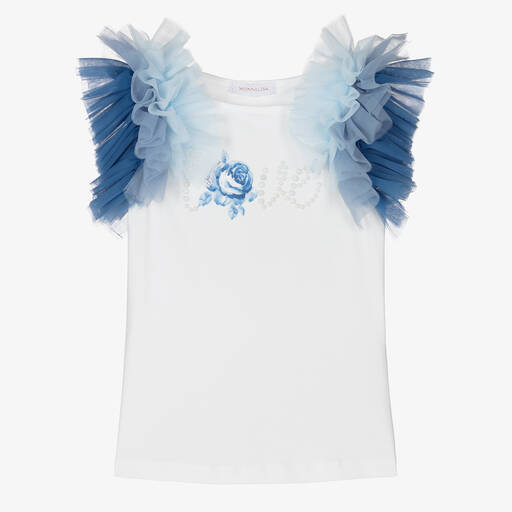 Monnalisa-Белая футболка с голубыми рукавами из тюля | Childrensalon Outlet