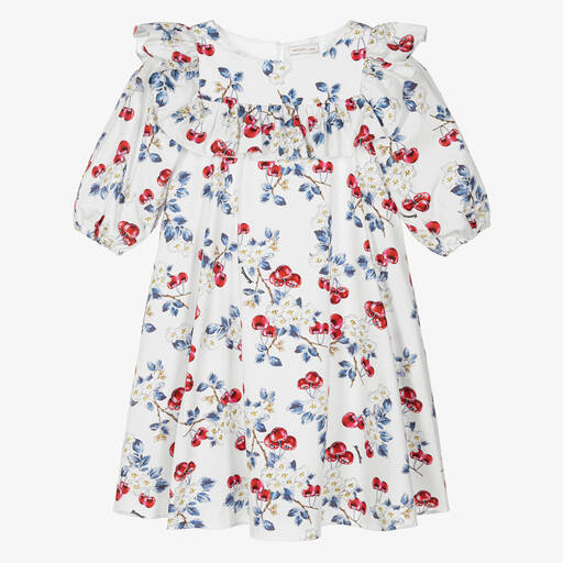 Monnalisa-Teen Girls White Cherry Print Cotton Dress  | Childrensalon Outlet