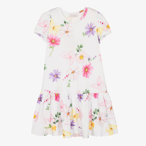 Monnalisa-Teen Girls White Cotton Floral Dress | Childrensalon Outlet
