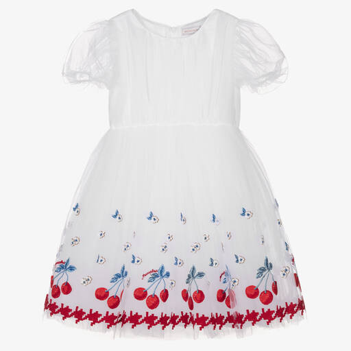 Monnalisa-Weißes besticktes Teen Kirschkleid | Childrensalon Outlet