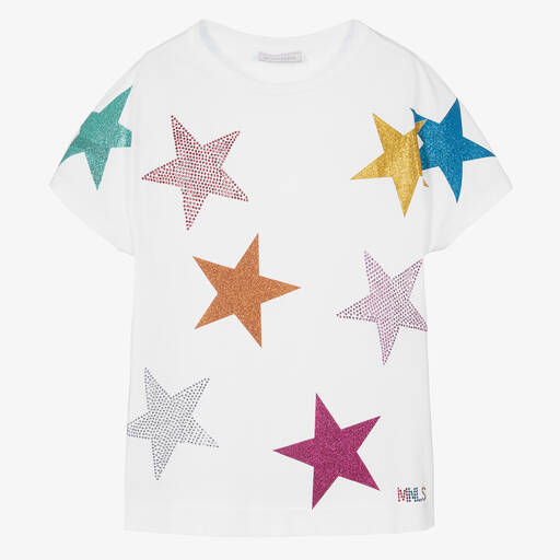 Monnalisa-Teen Girls White Glitter Star T-Shirt | Childrensalon Outlet