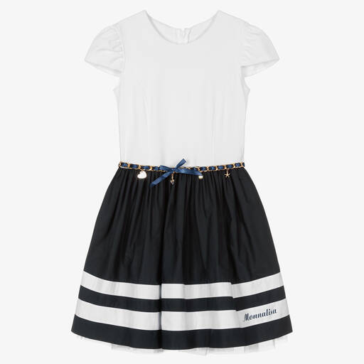 Monnalisa-Teen Kleid mit Gürtel weiß/navyblau | Childrensalon Outlet