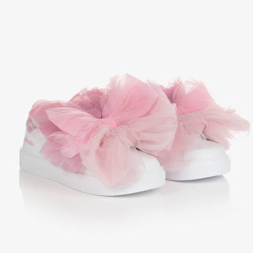 Monnalisa-Teen Girls White & Pink Leather Trainers | Childrensalon Outlet