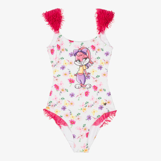Monnalisa-Teen Girls White & Pink Lola Bunny Swimsuit | Childrensalon Outlet
