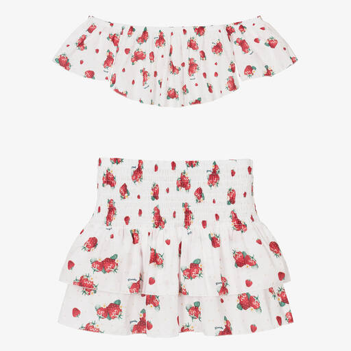 Monnalisa-Teen Girls White Strawberry Print Skirt Set | Childrensalon Outlet