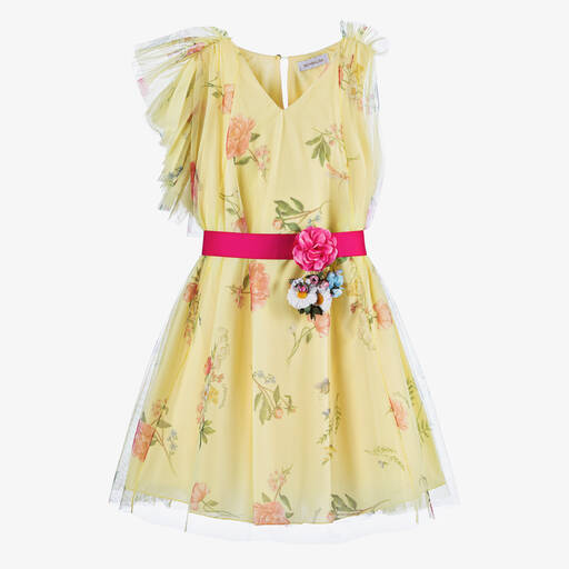 Monnalisa-Teen Girls Yellow Floral Tulle Dress | Childrensalon Outlet