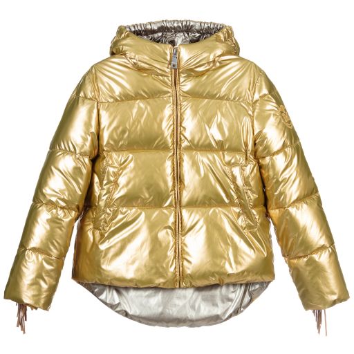 Monnalisa-Teen Gold Frindge Puffer Jacket | Childrensalon Outlet