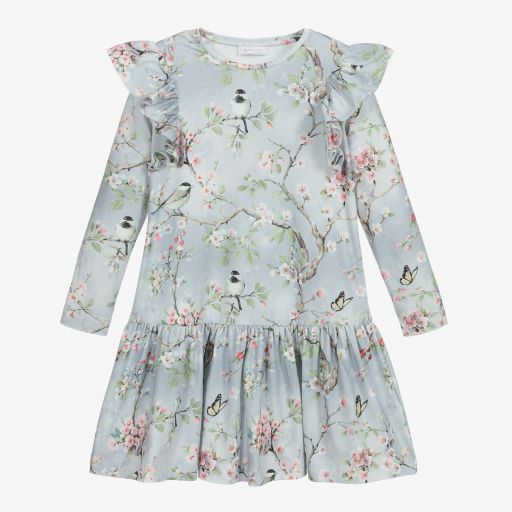 Monnalisa-Graues Teen Jerseykleid mit Blumen | Childrensalon Outlet