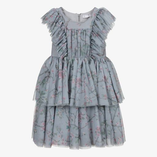 Monnalisa-Teen Grey Floral Tulle Dress | Childrensalon Outlet