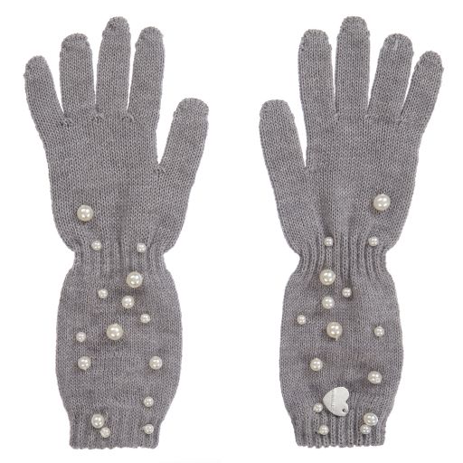 Monnalisa-Teen Grey Knit Pearl Gloves | Childrensalon Outlet