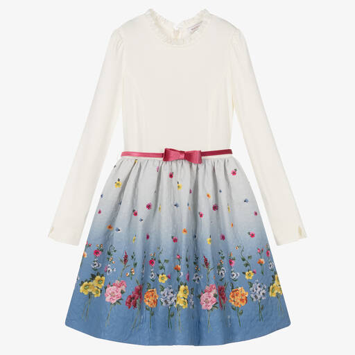 Monnalisa-Teen Ivory & Blue Floral Dress | Childrensalon Outlet