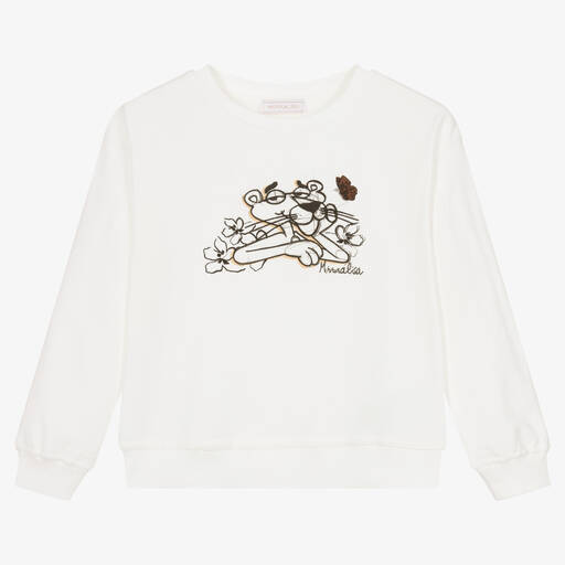 Monnalisa-Teen Ivory Cotton Pink Panther Sweatshirt | Childrensalon Outlet