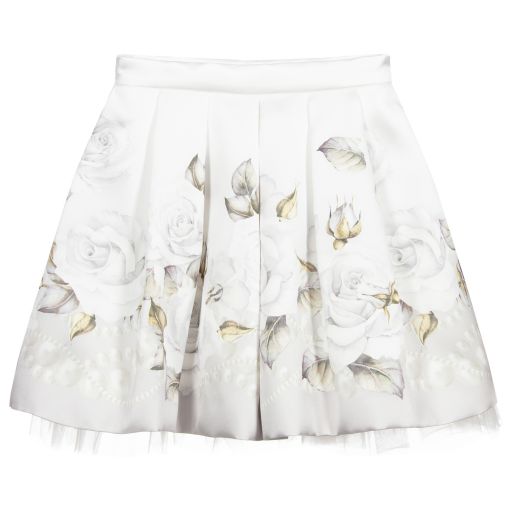 Monnalisa-Teen Ivory Roses Satin Skirt | Childrensalon Outlet