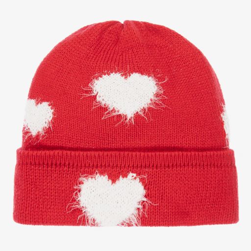 Monnalisa-قبعة مزيج فيسكوز وصوف محبوك لون أحمر وأبيض | Childrensalon Outlet