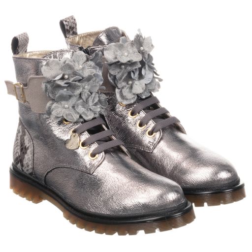 Monnalisa-Teen Silver Flower Ankle Boots | Childrensalon Outlet