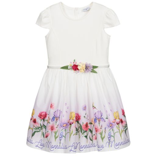 Monnalisa-Teen White Floral Logo Dress | Childrensalon Outlet