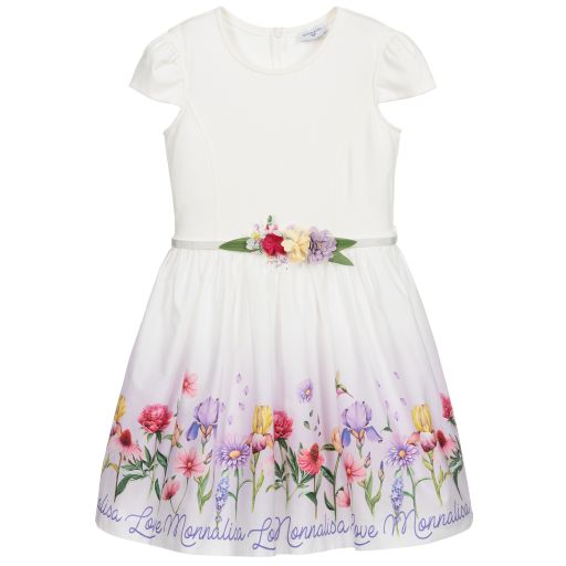 Monnalisa-Белое платье с цветочным логотипом для подростков | Childrensalon Outlet