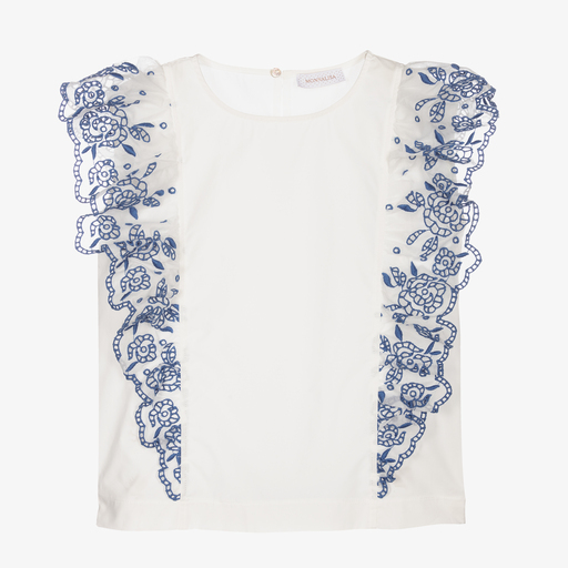 Monnalisa-White & Blue Cotton Blouse | Childrensalon Outlet