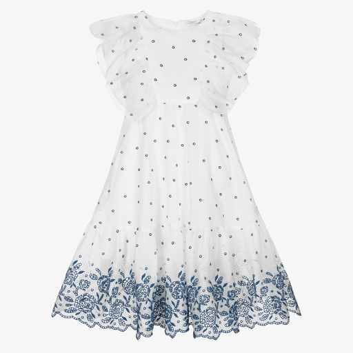 Monnalisa-White & Blue Cutwork Dress | Childrensalon Outlet