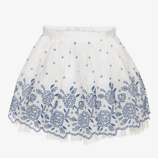 Monnalisa Chic-White & Blue Cutwork Skirt | Childrensalon Outlet