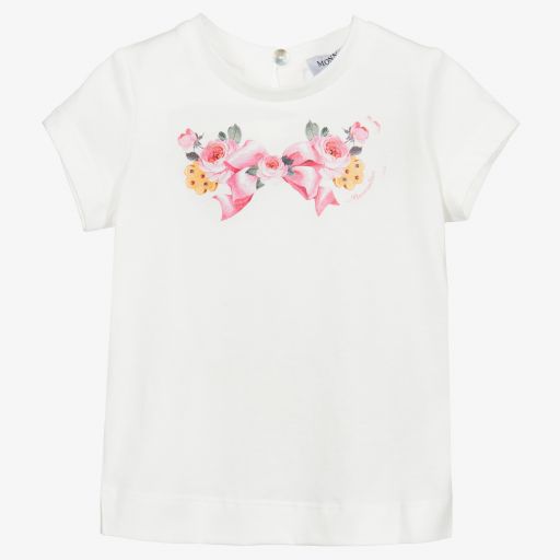 Monnalisa-White Cotton Bow Print T-Shirt | Childrensalon Outlet