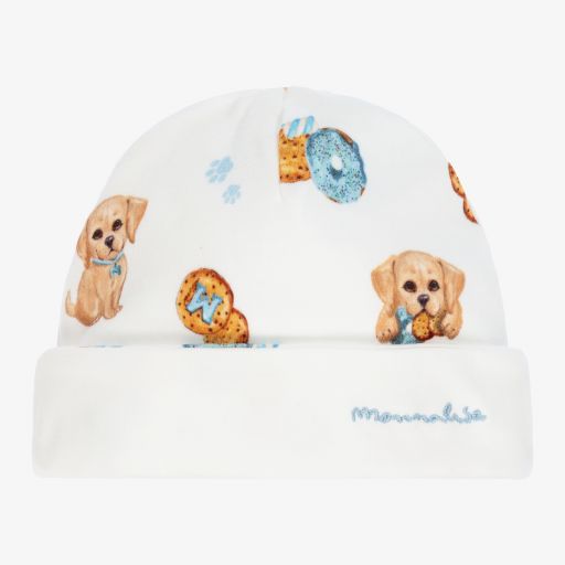 Monnalisa-Weiße Baumwollmütze mit Welpen-Print | Childrensalon Outlet