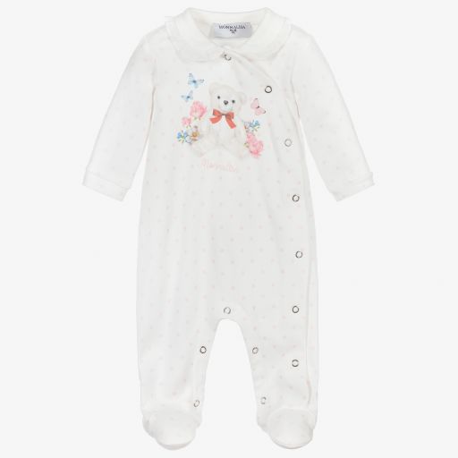 Monnalisa-White Cotton Teddy Babygrow  | Childrensalon Outlet