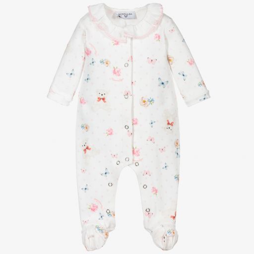 Monnalisa-White Cotton Teddy Babygrow  | Childrensalon Outlet