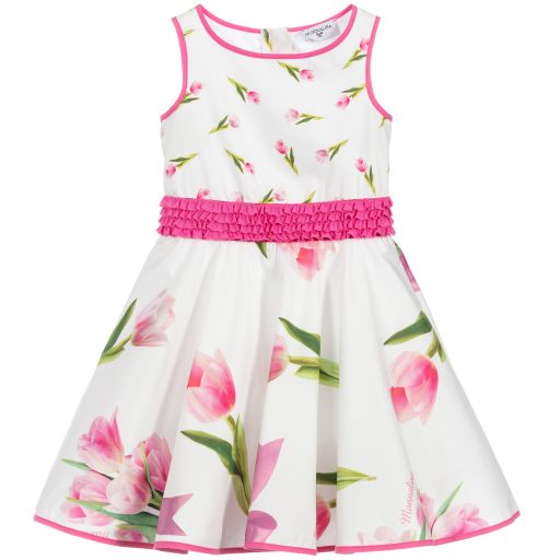 Monnalisa-White Cotton Tulip Print Dress | Childrensalon Outlet