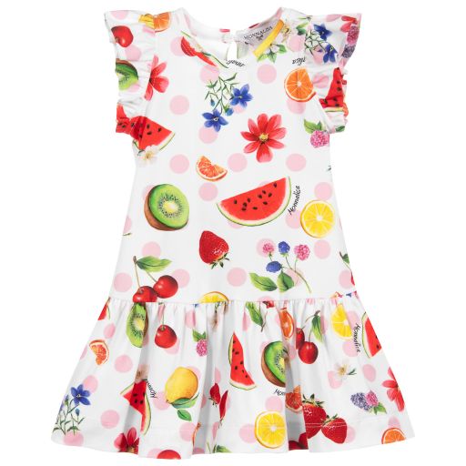 Monnalisa-White Fruit Print Cotton Dress | Childrensalon Outlet