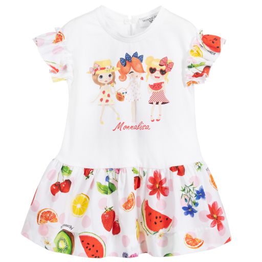 Monnalisa-فستان أطفال بناتي قطن جيرسي لون أبيض بطبعة ملونة | Childrensalon Outlet