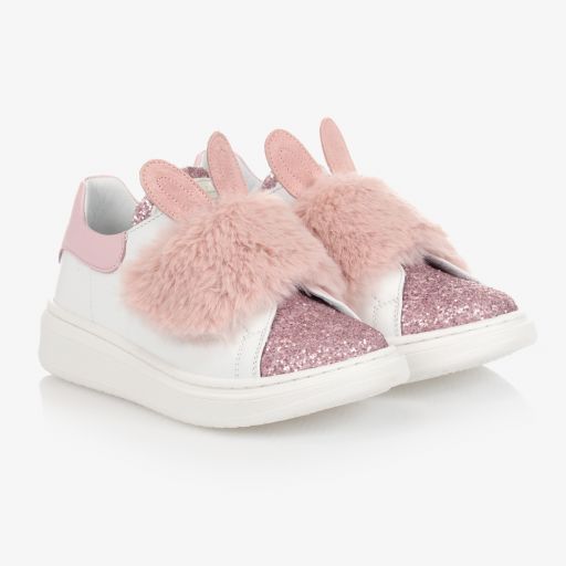 Monnalisa-Leder-Sneakers in Weiß und Rosa | Childrensalon Outlet