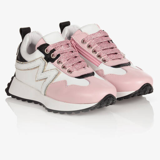Monnalisa-White & Pink Leather Trainers | Childrensalon Outlet