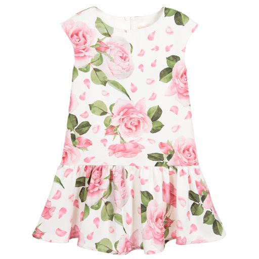 Monnalisa Chic-White & Pink Roses Dress  | Childrensalon Outlet
