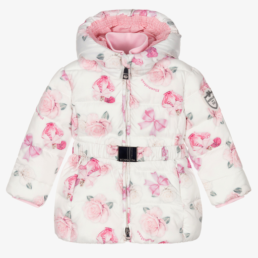 Monnalisa-White & Pink Roses Puffer Coat | Childrensalon Outlet