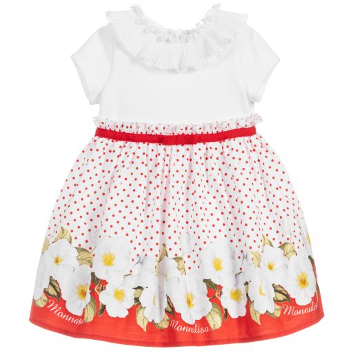 Monnalisa-فستان أطفال بناتي قطن و جيرسي لون أبيض وأحمر | Childrensalon Outlet