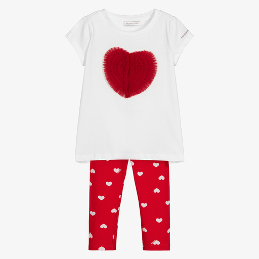 Monnalisa-White & Red Heart Leggings Set | Childrensalon Outlet