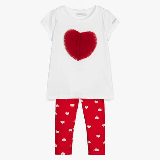 Monnalisa-Белый топ с сердцем и красные легинсы | Childrensalon Outlet